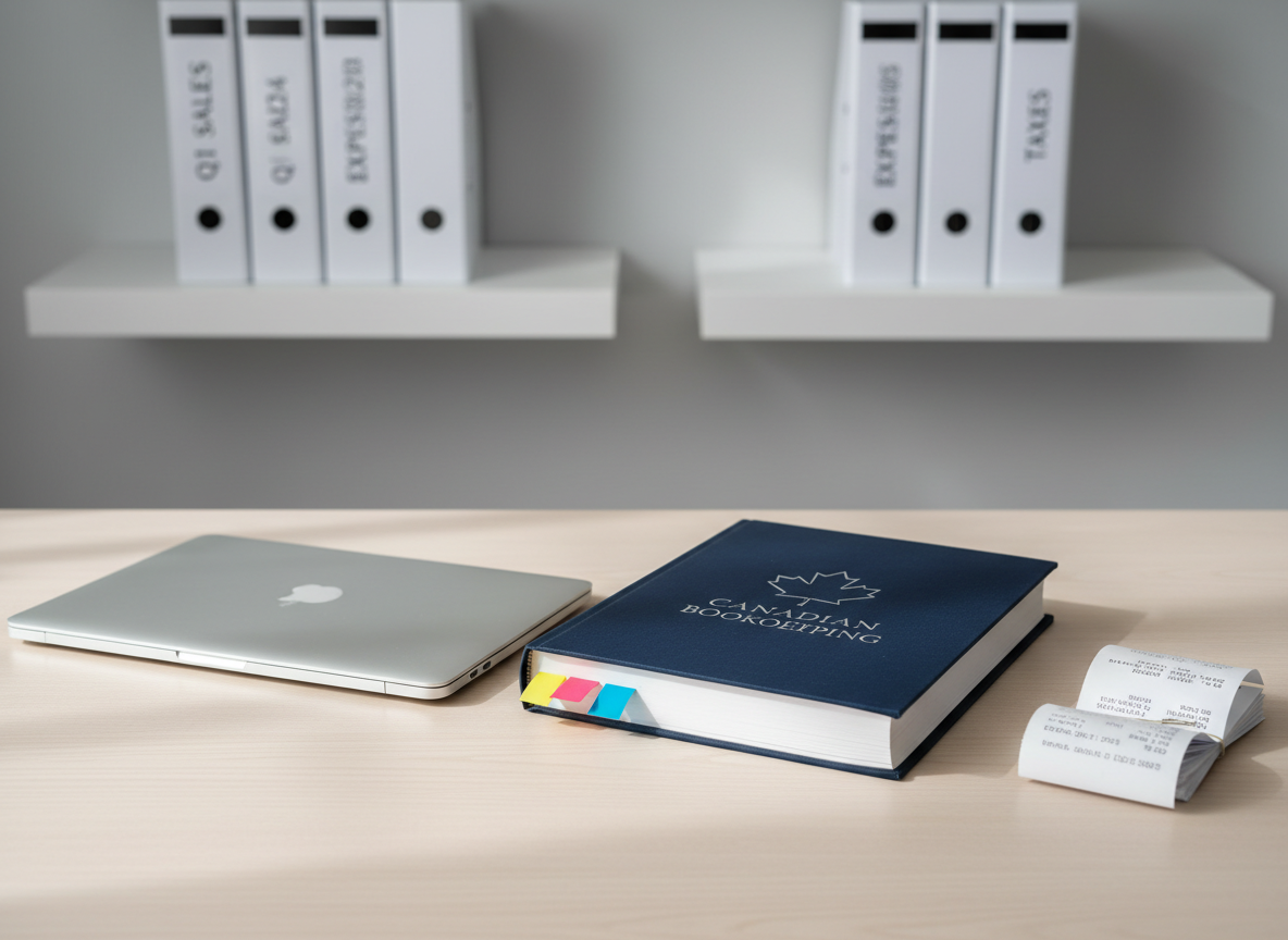 A neatly arranged workstation featuring a closed silver laptop beside a thick, navy-blue hardcover ledger stamped with a subtle maple leaf emblem, symbolizing Canadian bookkeeping. The items rest on a clean, pale wood desk with a small stack of organized receipts, color-coded sticky tabs peeking out. Soft daylight from an unseen window to the left washes the scene in bright, even illumination, casting gentle, realistic shadows. In the blurred background, minimalist white shelving holds neatly labeled binders. Shot at eye level with a slight angle, shallow depth of field, and photographic realism, the mood is professional, calm, and trustworthy, reflecting organized finances for small businesses.