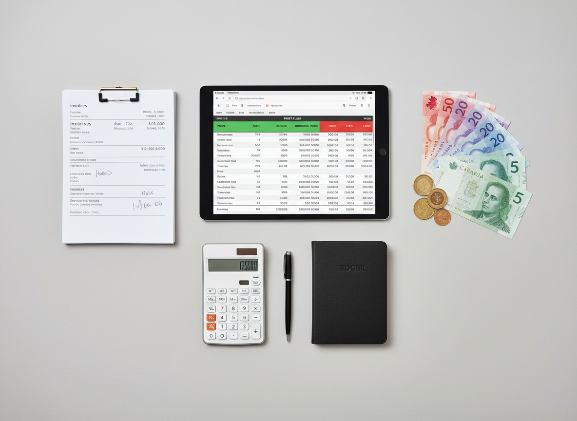 An overhead, flat-lay composition of meticulously organized bookkeeping materials: a sleek tablet displaying a profit and loss statement, a stack of neatly clipped invoices, a small calculator, and a tidy pile of Canadian coins and colorful banknotes arranged with precision. All items are placed on a smooth, light grey surface that enhances the sense of order. Soft, even studio lighting eliminates harsh shadows, emphasizing textures like crisp paper edges and the subtle sheen of metal clips. The photographic style is clean and modern, with sharp focus across the frame. The mood is structured, methodical, and reassuring, highlighting systematic financial tracking for Canadian small businesses.
