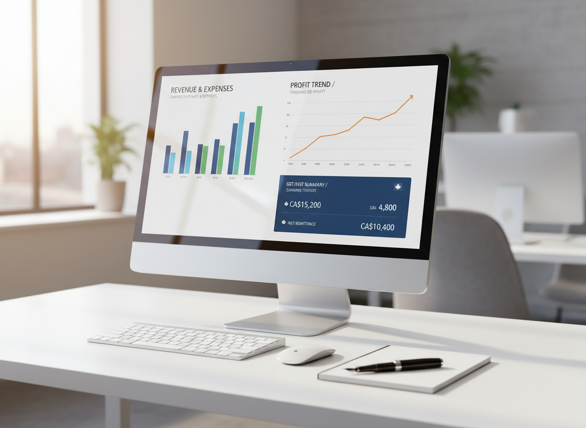 A close-up of a modern computer monitor displaying a clean, professional bookkeeping dashboard with bar charts, line graphs, and a GST/HST tax summary clearly labeled in English and French, emphasizing Canadian context. The monitor sits on a pristine white desk with a slim wireless keyboard and a single black fountain pen resting on a crisp notepad. Soft, diffused afternoon light from a nearby window creates subtle reflections on the monitor’s bezel and a gentle glow on the desk surface. The background fades into a tasteful blur of neutral office tones. Photographic realism, eye-level composition, and a balanced, minimalist aesthetic convey clarity, control, and expert financial oversight for small businesses.