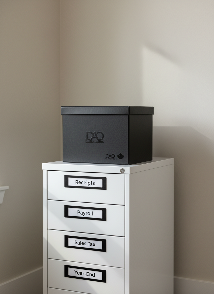 A minimalist, modern office corner with a compact white filing cabinet, each drawer labeled with clear black text: “Receipts,” “Payroll,” “Sales Tax,” and “Year-End.” On top of the cabinet sits a matte-black document box embossed with a subtle DAO CleanBooks logo and a small maple leaf, reinforcing its Canadian bookkeeping identity. Gentle late-morning natural light enters from the left, casting soft shadows along the cabinet edges and creating a serene, professional ambiance. The background wall is a smooth, light neutral color with no distractions. Shot at eye level with photographic realism and a clean, spacious composition, the mood is orderly, secure, and professional.