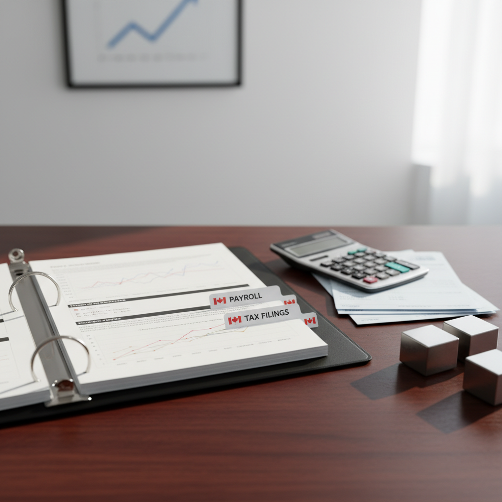 A polished wood desktop featuring an open binder with neatly printed financial reports, clearly labeled tabs for “Payroll,” “Expenses,” and “Tax Filings,” with a small Canadian flag icon printed on each tab. A slim calculator and a pair of minimalist metal paperweights hold down a stack of reconciled bank statements. Cool, bright natural light from a large unseen window on the right creates precise, realistic shadows and crisp highlights along the binder rings. In the soft-focus background, a white wall displays a framed graphic of a rising financial trend line. Photographic realism, slightly elevated angle, and balanced composition create a confident, organized, and dependable atmosphere.