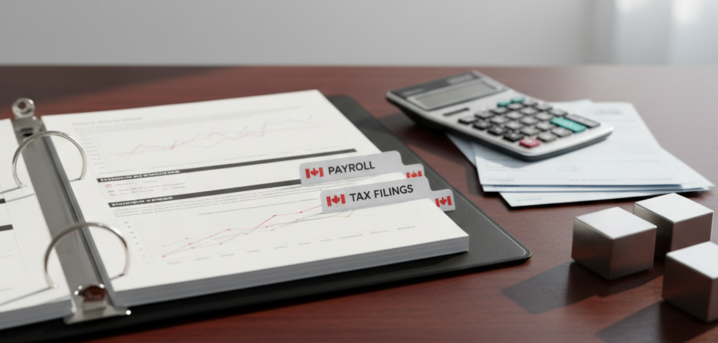 A polished wood desktop featuring an open binder with neatly printed financial reports, clearly labeled tabs for “Payroll,” “Expenses,” and “Tax Filings,” with a small Canadian flag icon printed on each tab. A slim calculator and a pair of minimalist metal paperweights hold down a stack of reconciled bank statements. Cool, bright natural light from a large unseen window on the right creates precise, realistic shadows and crisp highlights along the binder rings. In the soft-focus background, a white wall displays a framed graphic of a rising financial trend line. Photographic realism, slightly elevated angle, and balanced composition create a confident, organized, and dependable atmosphere.